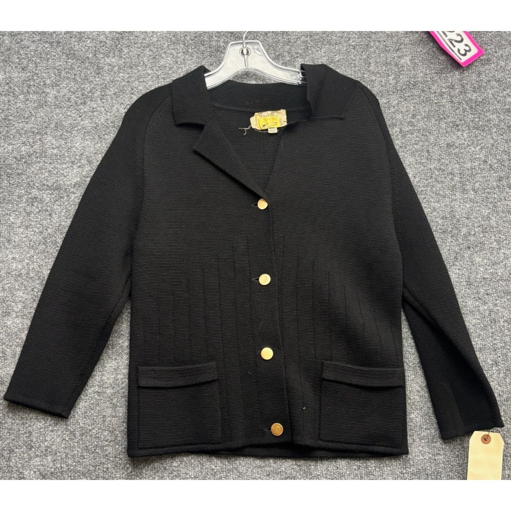 LeRoy Knitwear Cardigan Womens Small Black Wool Long Sleeve Gold Button Front